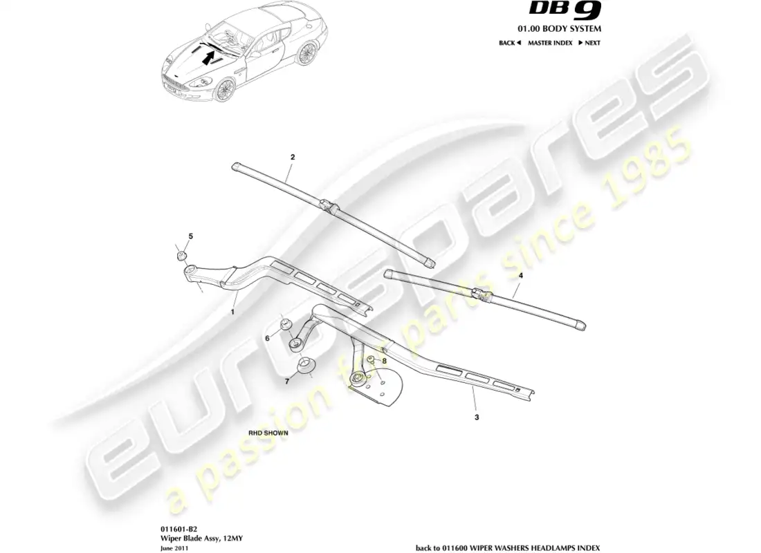 aston martin db9 (2012) conjunto de escobilla de limpiaparabrisas, 12my diagrama de piezas