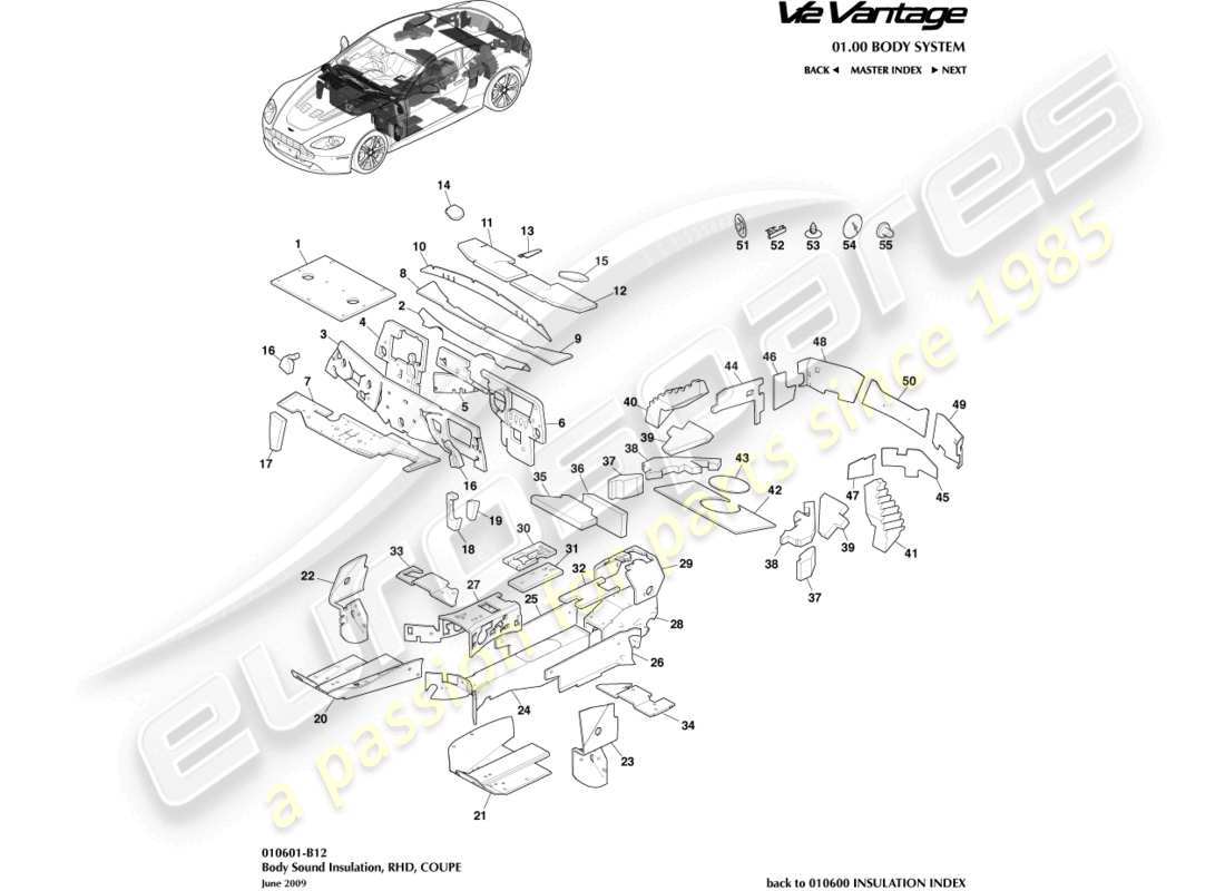 aston martin v12 vantage (2010) aislamiento de la carrocería, diagrama de piezas del cupé rhd