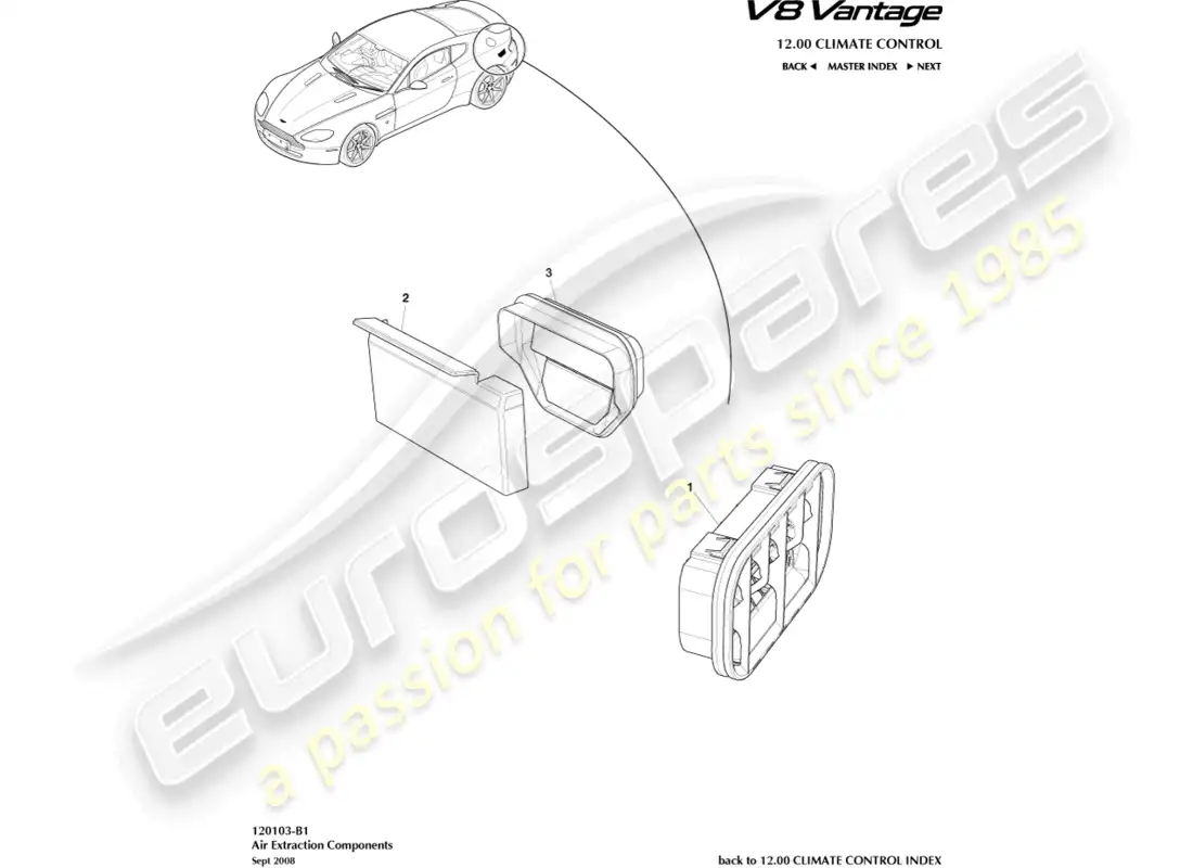 aston martin v8 vantage (2008) diagrama de piezas de los componentes de extracción de aire