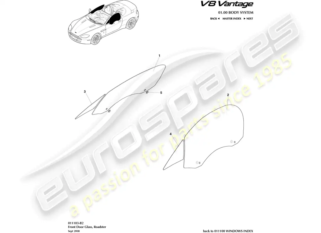 aston martin v8 vantage (2008) vidrio de puerta, diagrama de piezas del roadster
