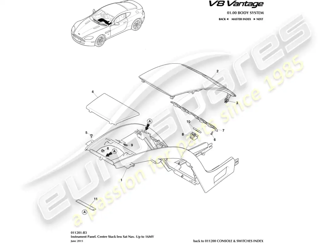 aston martin v8 vantage (2008) consola central, menos navegación por satélite a 16my diagrama de piezas