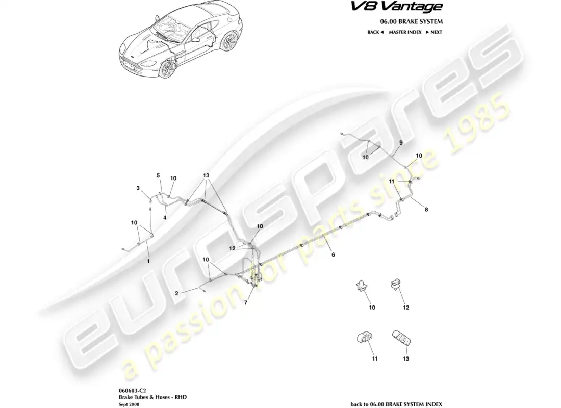 aston martin v8 vantage (2008) líneas y mangueras de freno, diagrama de piezas rhd