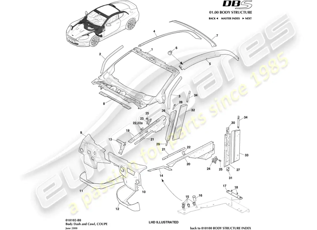 aston martin dbs (2007) carrocería, tablero y capó, cupé diagrama de piezas