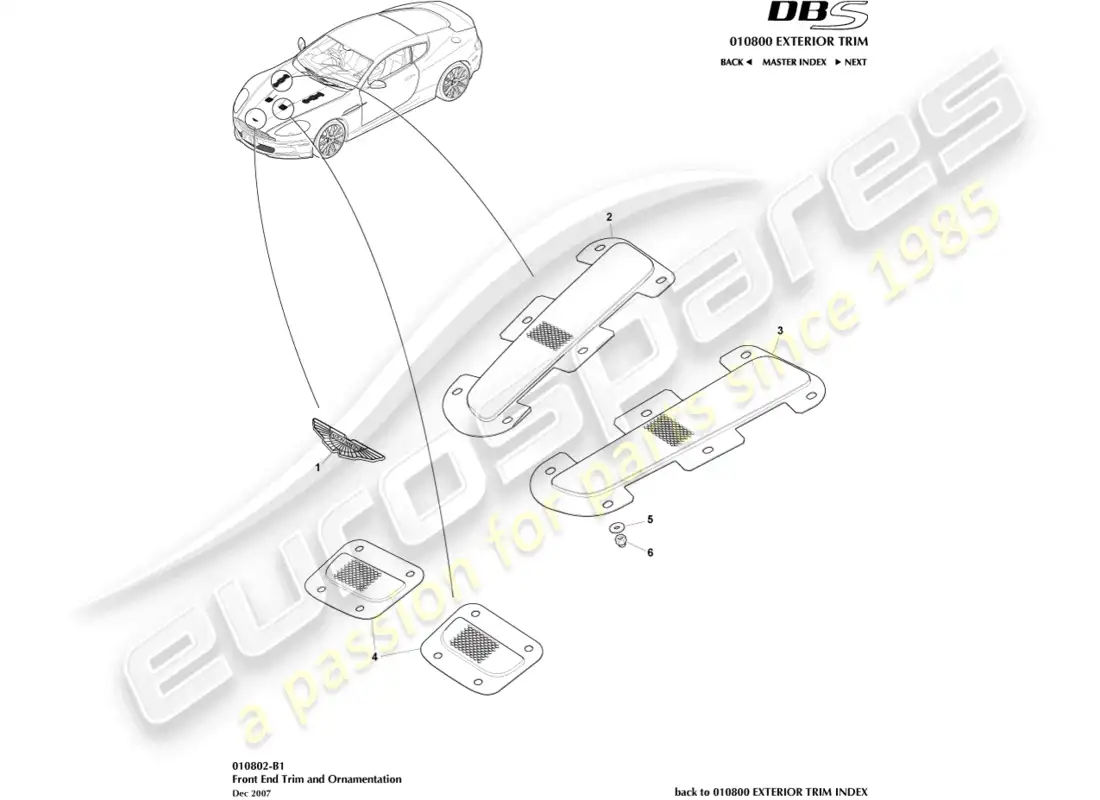 aston martin dbs (2007) ajuste del extremo delantero diagrama de piezas