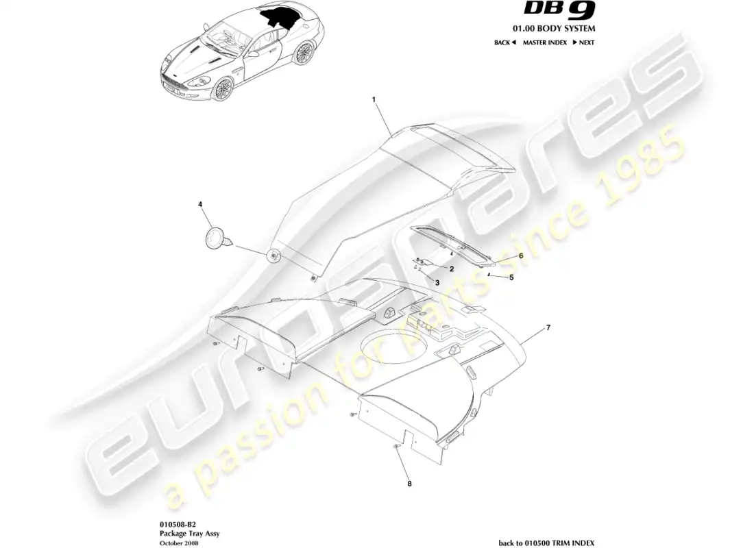 aston martin db9 (2012) diagrama de piezas del conjunto de la bandeja del paquete