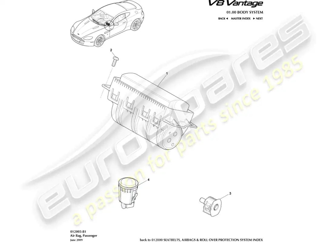 aston martin v8 vantage (2008) diagrama de piezas del airbag del pasajero