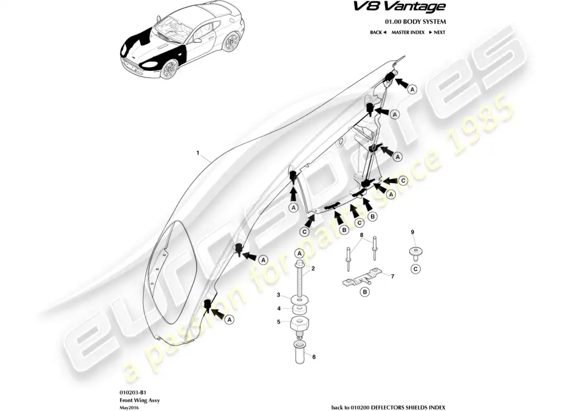 aston martin v8 vantage (2008) diagrama de piezas del conjunto del alerón delantero