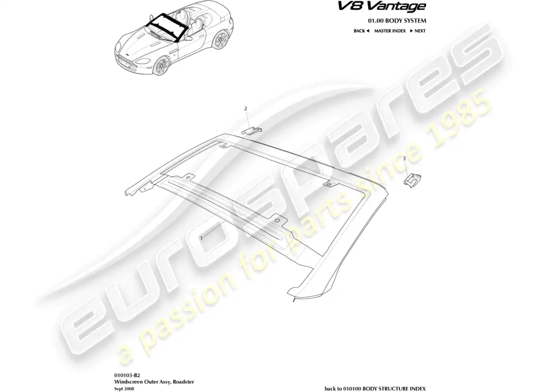 aston martin v8 vantage (2008) diagrama de piezas del parabrisas, exterior y roadster