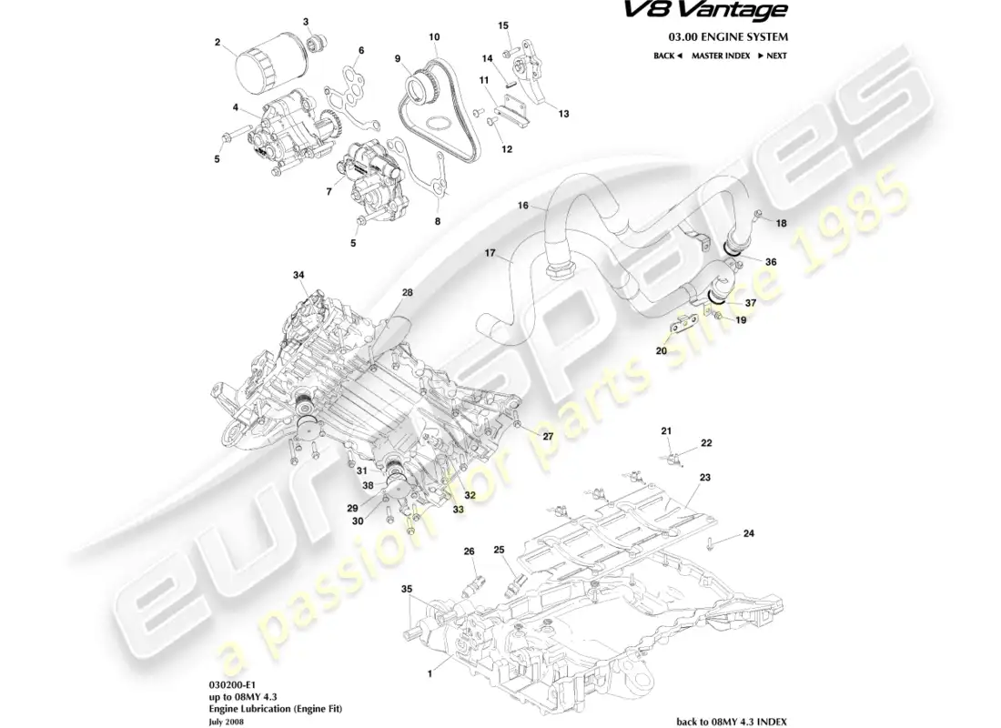 aston martin v8 vantage (2008) lubricación del motor, diagrama de piezas del motor