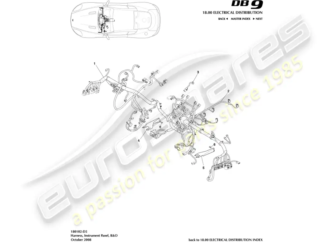 aston martin db9 (2012) arnés ip, diagrama de piezas b y o
