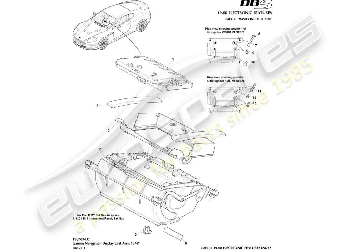 aston martin dbs (2011) pantalla de navegación, 12my diagrama de piezas