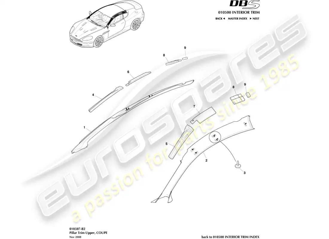aston martin dbs (2007) moldura de pilar, superior, cupé diagrama de piezas