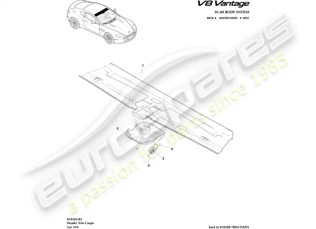 aston martin v8 vantage (2008) ajuste del cabezal, diagrama de piezas del cupé