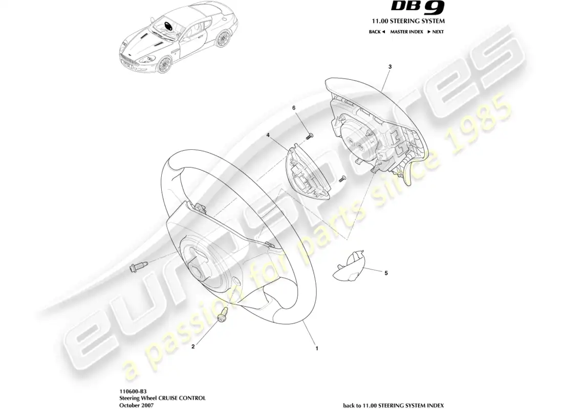 aston martin db9 (2011) diagrama de piezas del volante y control de crucero