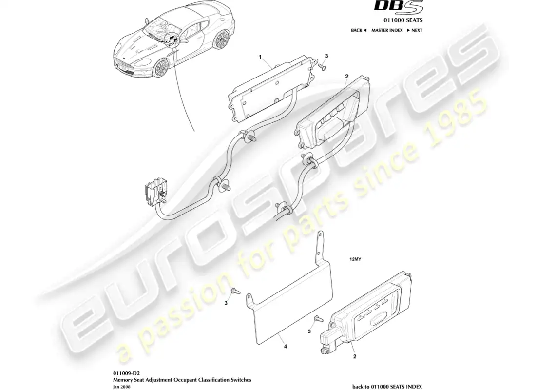 aston martin dbs (2007) ajuste del asiento delantero diagrama de piezas