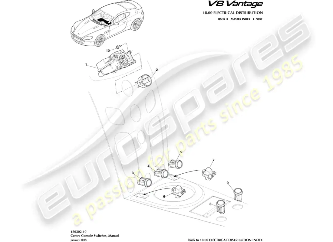 aston martin v8 vantage (2008) interruptores de la consola central, manual, diagrama de piezas 16my