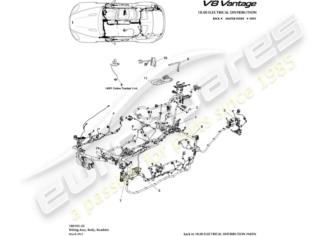 aston martin v8 vantage (2008) arnés corporal, diagrama de piezas del roadster