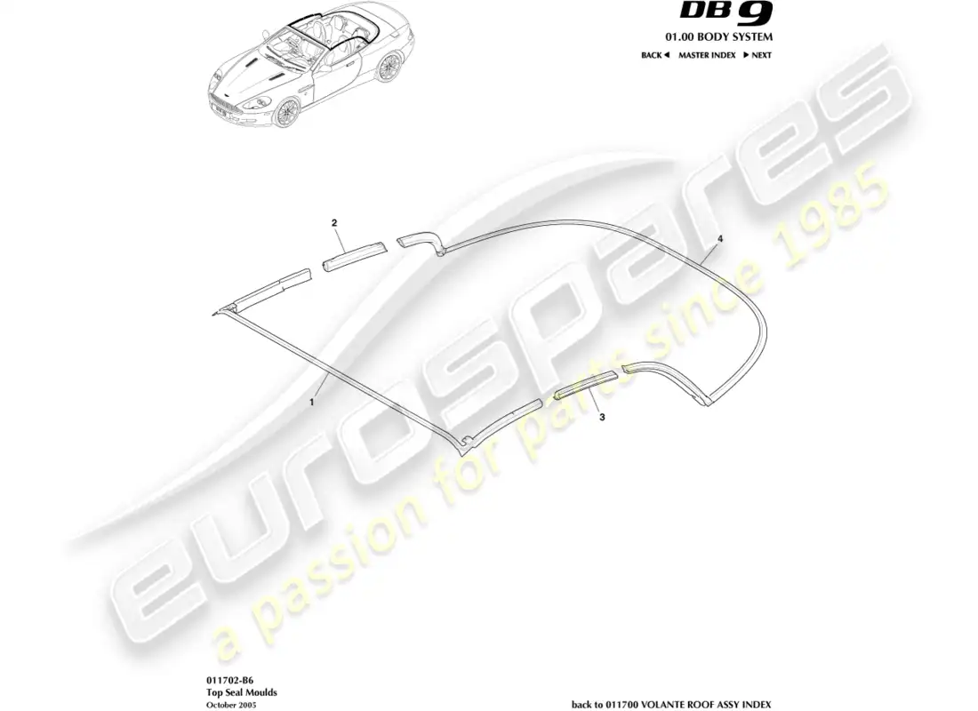 aston martin db9 (2012) diagrama de piezas de moldura de sello superior