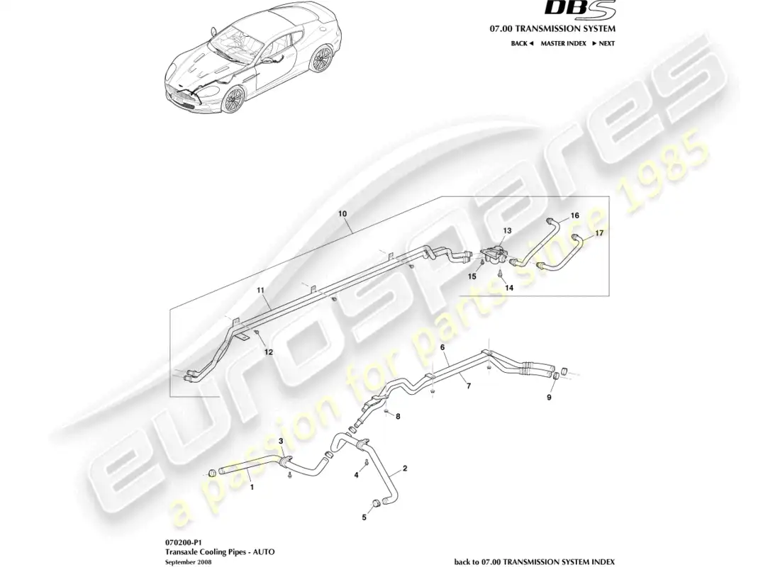 aston martin dbs (2007) enfriamiento de la transmisión, automático diagrama de piezas