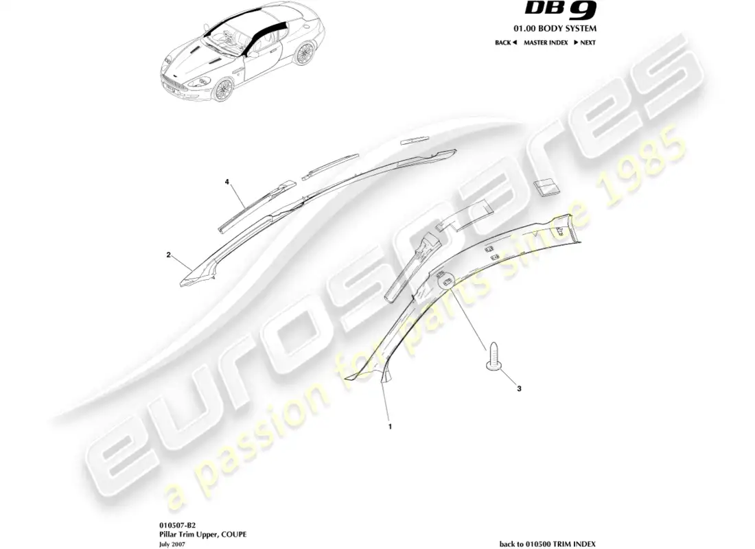 aston martin db9 (2012) guarnición del pilar, superior, diagrama de piezas del cupé