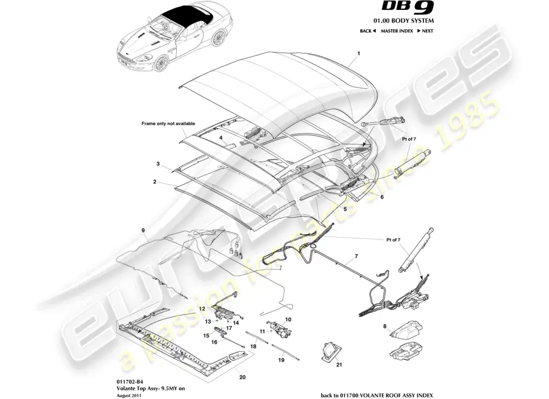 aston martin db9 (2012) conjunto de techo volante, 9.5my en el diagrama de piezas