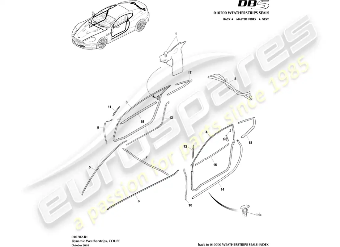 aston martin dbs (2014) burletes dinámicos, cupé diagrama de piezas