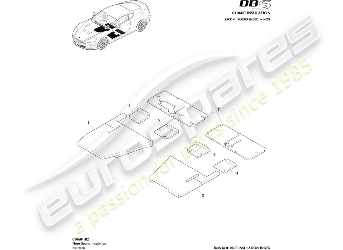 aston martin dbs (2014) diagrama de piezas de aislamiento acústico del suelo