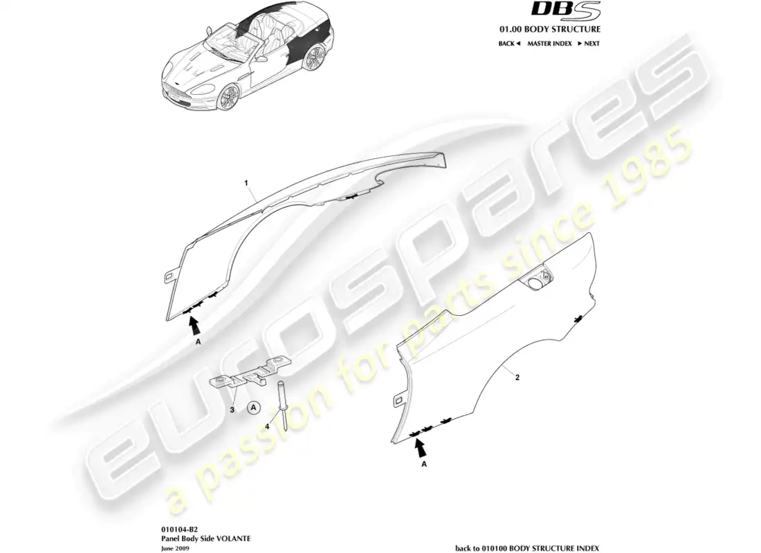 aston martin dbs (2007) panel lateral de carrocería, volante diagrama de piezas