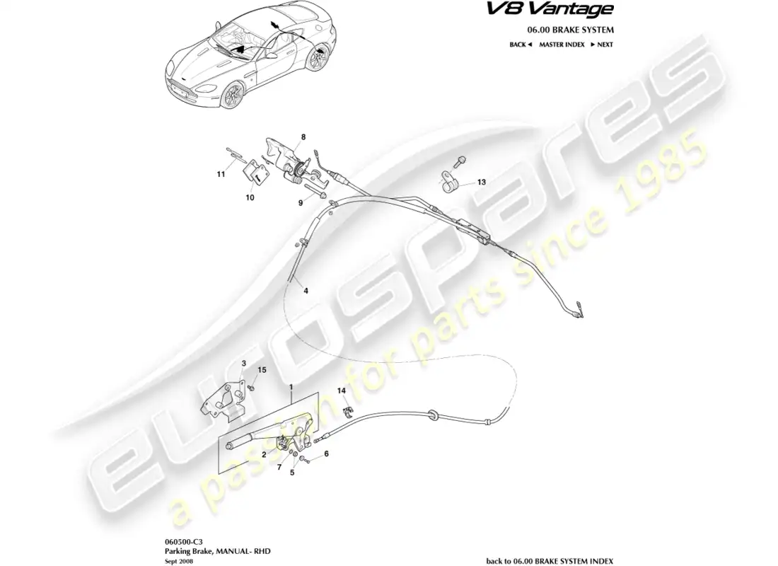 aston martin v8 vantage (2008) freno de estacionamiento, diagrama de piezas a la derecha