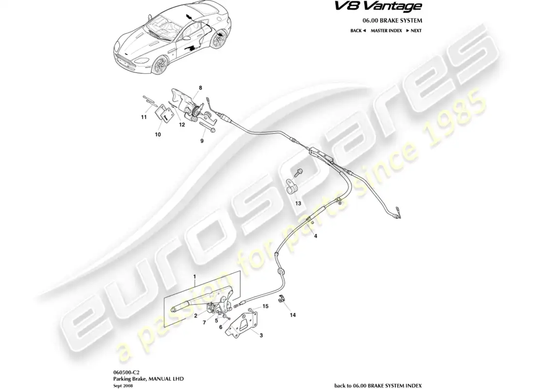 aston martin v8 vantage (2008) freno de estacionamiento, diagrama de piezas lhd