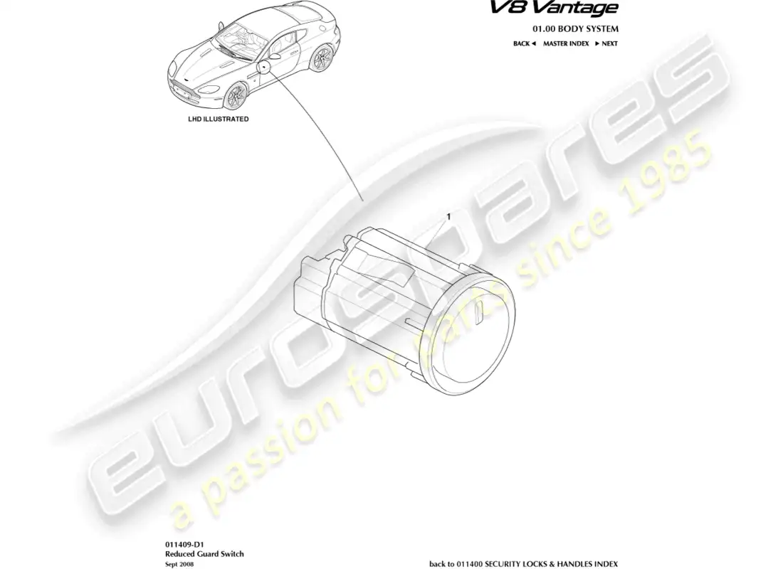 aston martin v8 vantage (2008) diagrama de piezas del interruptor de protección reducido
