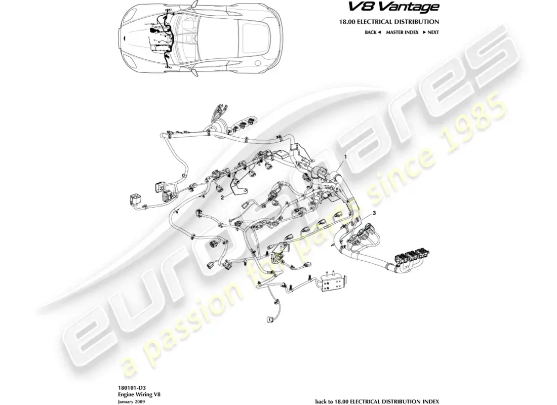 aston martin v8 vantage (2008) diagrama de piezas del arnés del motor