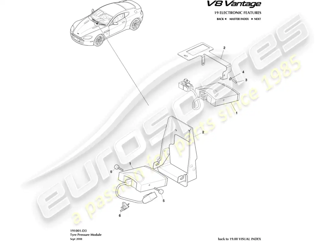 aston martin v8 vantage (2008) diagrama de piezas del módulo de presión de neumáticos