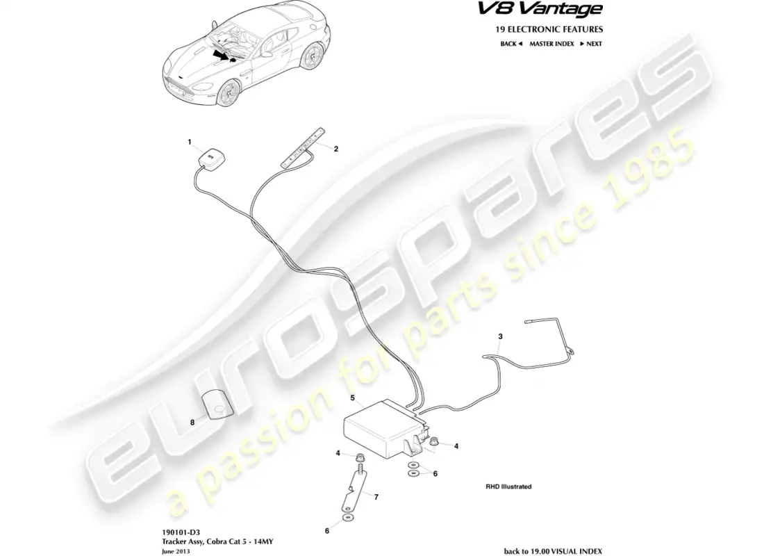 aston martin v8 vantage (2008) tracker, cobra, diagrama de pieza 14my