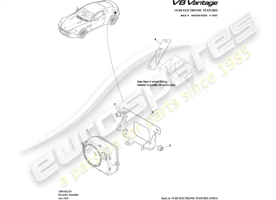 aston martin v8 vantage (2008) diagrama de piezas de la sirena de seguridad