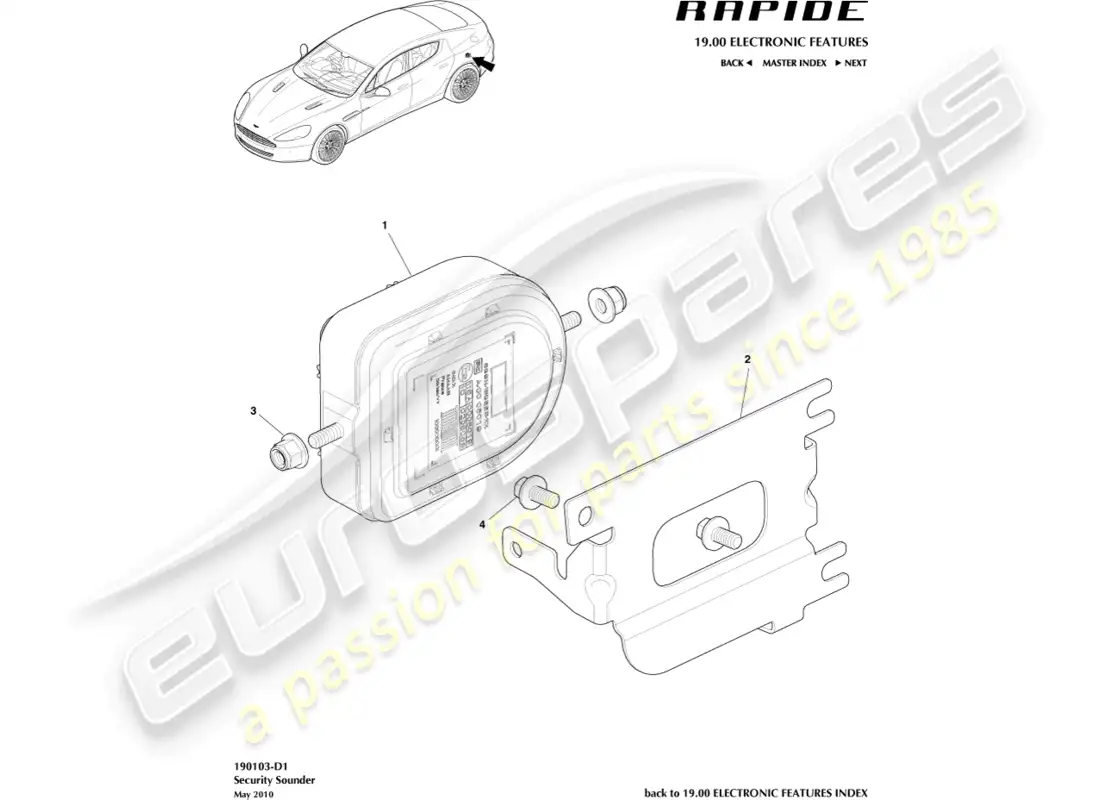 aston martin rapide (2012) bocinas y sirenas de alarma diagrama de piezas