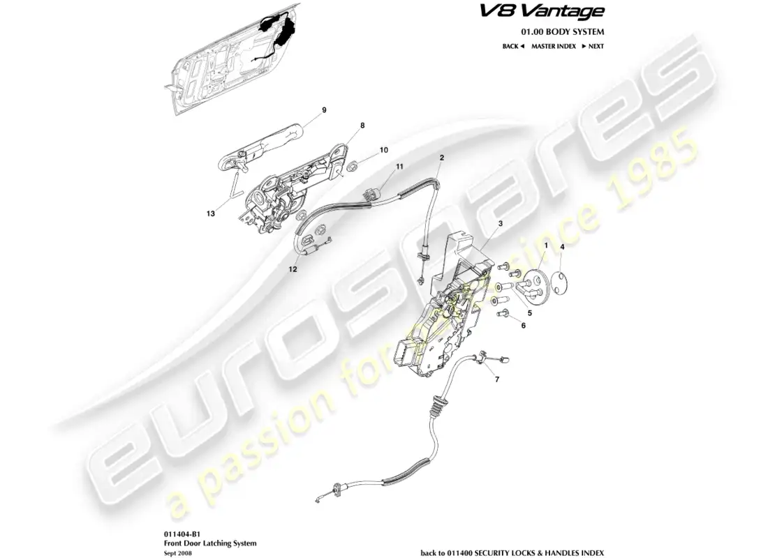 aston martin v8 vantage (2008) diagrama de piezas del pestillo de la puerta delantera