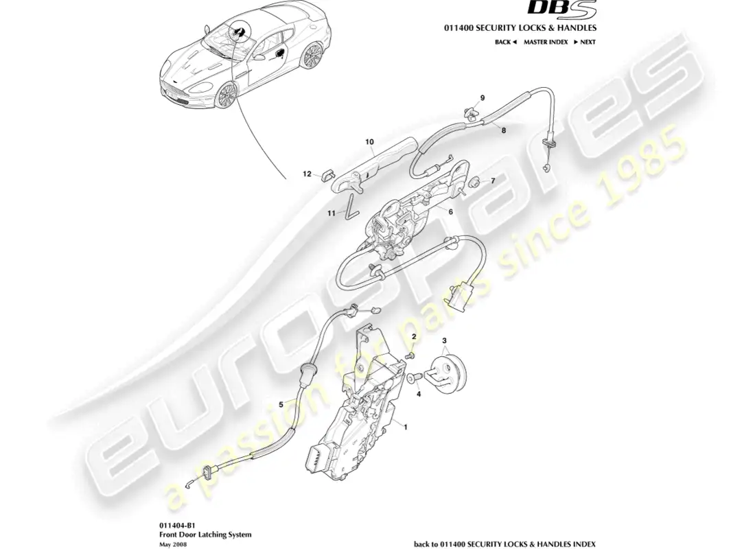 aston martin dbs (2008) pestillo de la puerta delantera diagrama de piezas