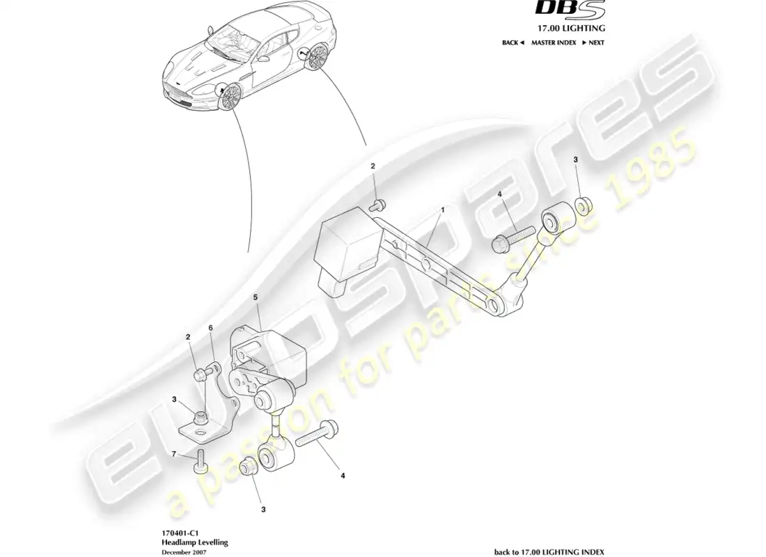 aston martin dbs (2008) nivelación de faros diagrama de piezas