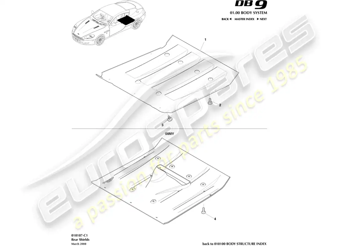 aston martin db9 (2012) diagrama de piezas de los protectores traseros debajo del cuerpo