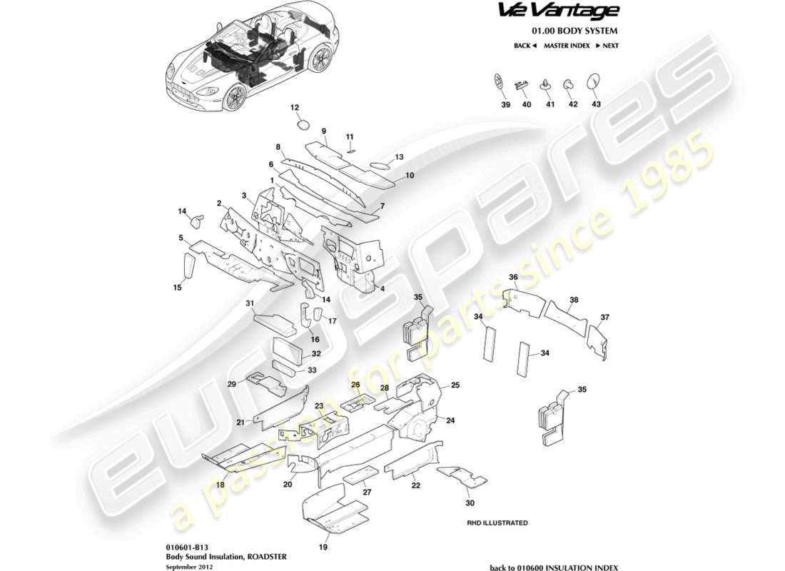 aston martin v12 vantage (2010) aislamiento de la carrocería, diagrama de piezas del roadster
