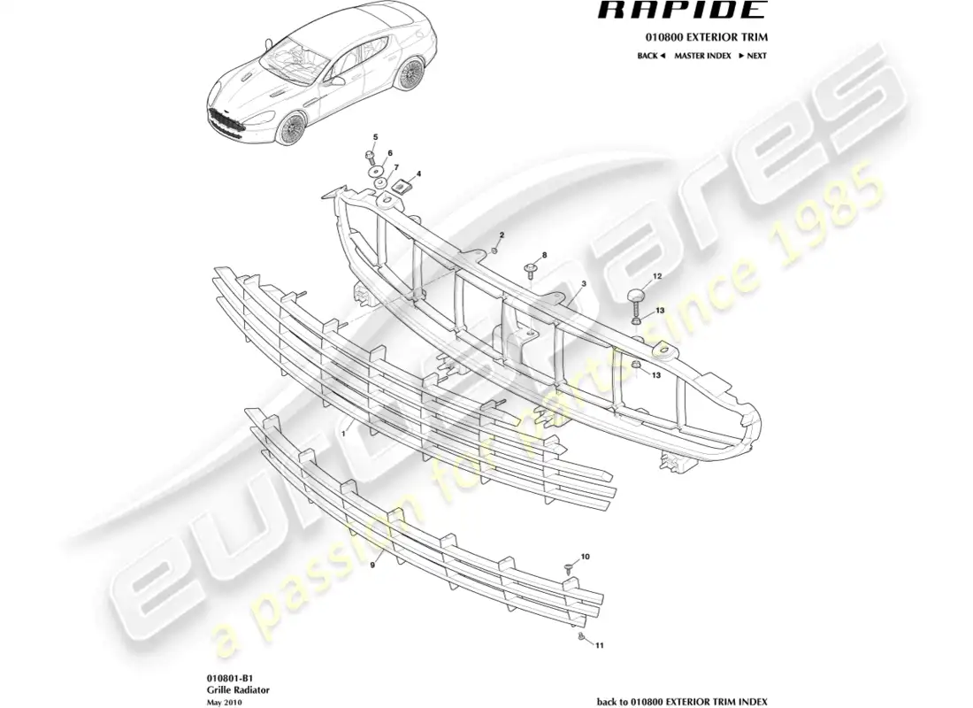 aston martin rapide (2014) rejilla del radiador diagrama de piezas