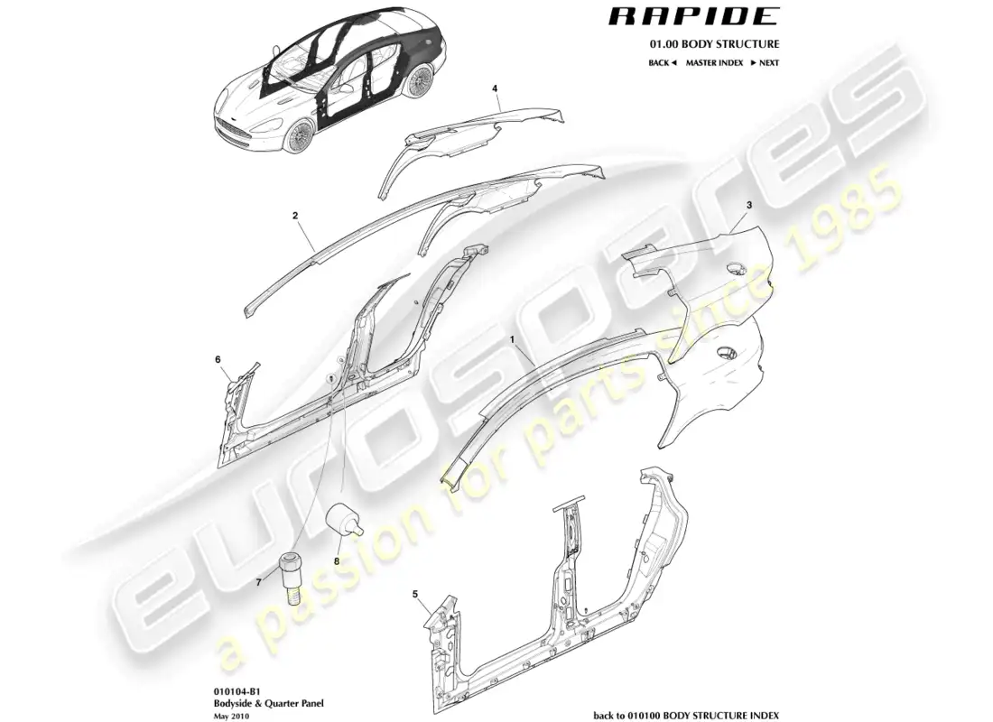 aston martin rapide (2018) lado del cuerpo diagrama de piezas