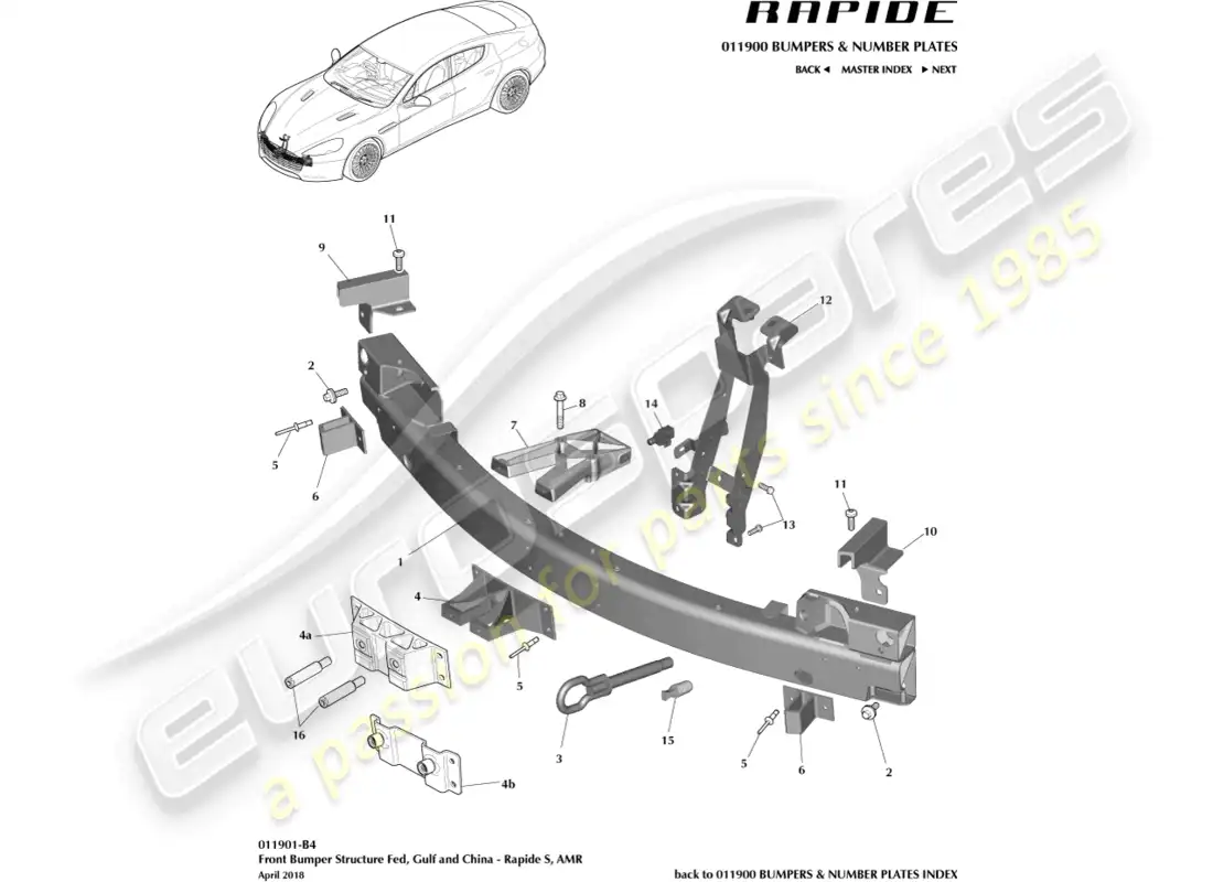 aston martin rapide (2017) estructura del parachoques delantero, s fed, gcc, china diagrama de piezas