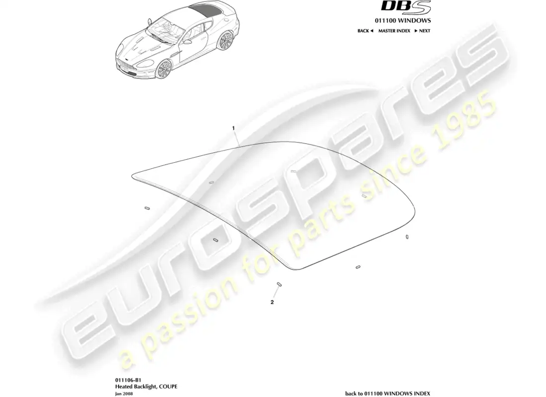 aston martin dbs (2011) parabrisas trasero diagrama de piezas