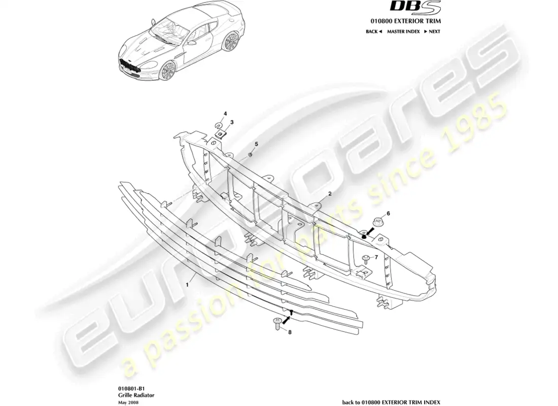 aston martin dbs (2007) rejilla del radiador diagrama de piezas
