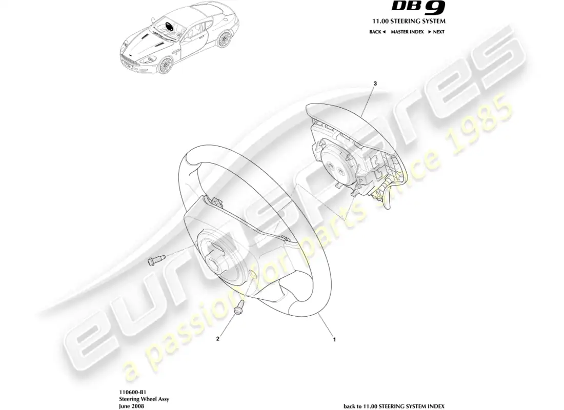 aston martin db9 (2012) conjunto del volante diagrama de piezas