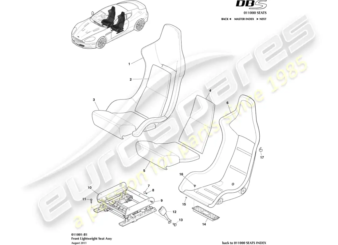 aston martin dbs (2007) asiento delantero ligero diagrama de piezas