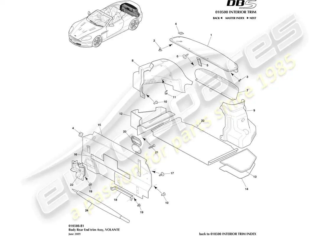 aston martin dbs (2012) rear end trim, volante diagrama de piezas
