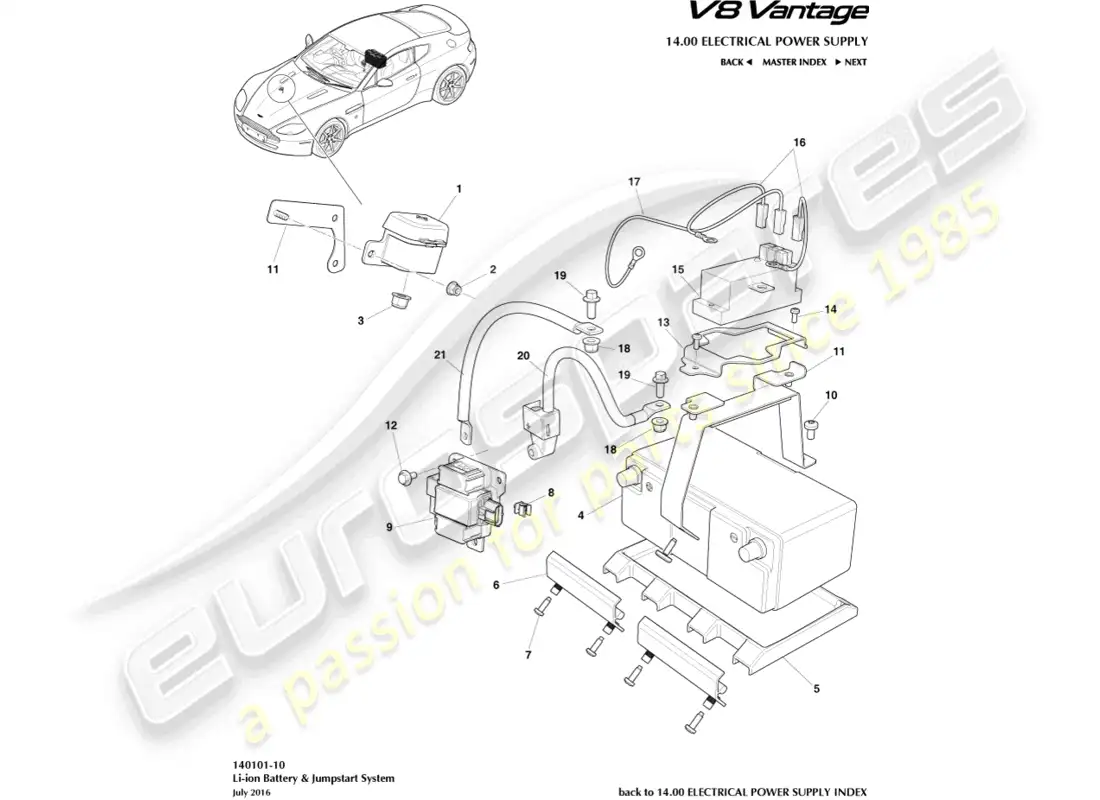 aston martin v8 vantage (2008) diagrama de piezas de la batería de iones de litio
